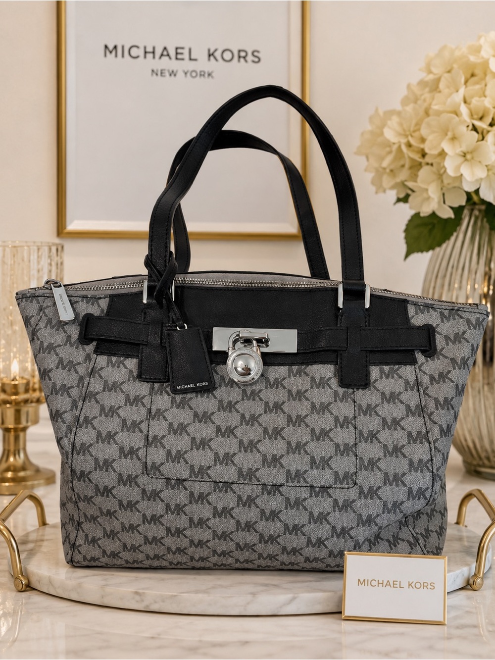 Michael Kors Gray and Black MK Signature Tote with Silver Lock